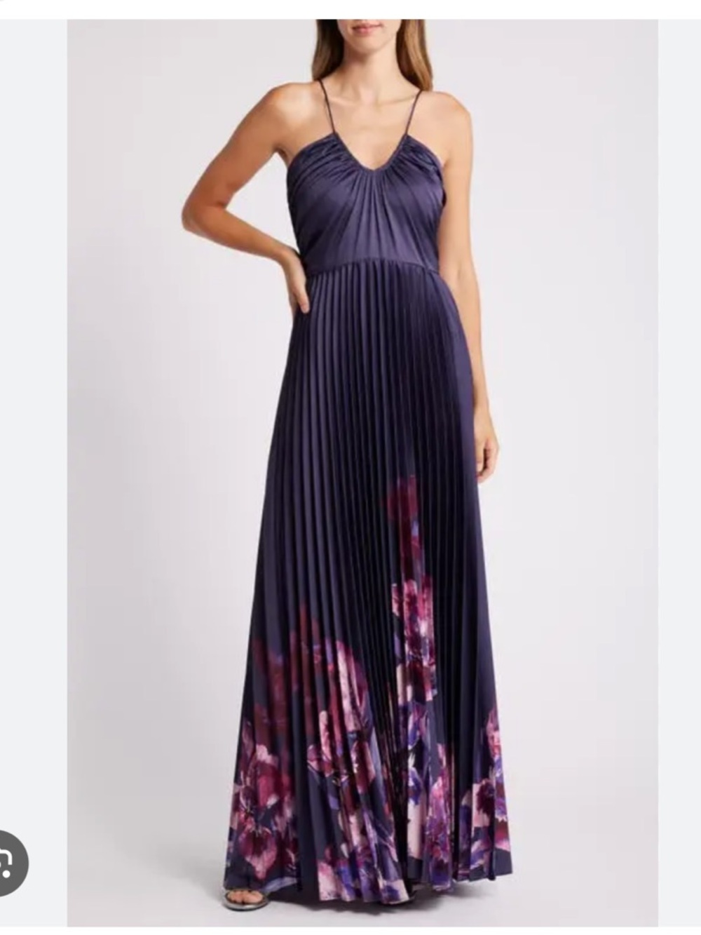 julia jordan Pleated Satin Maxi Dress with Pink-Purple Floral Hem